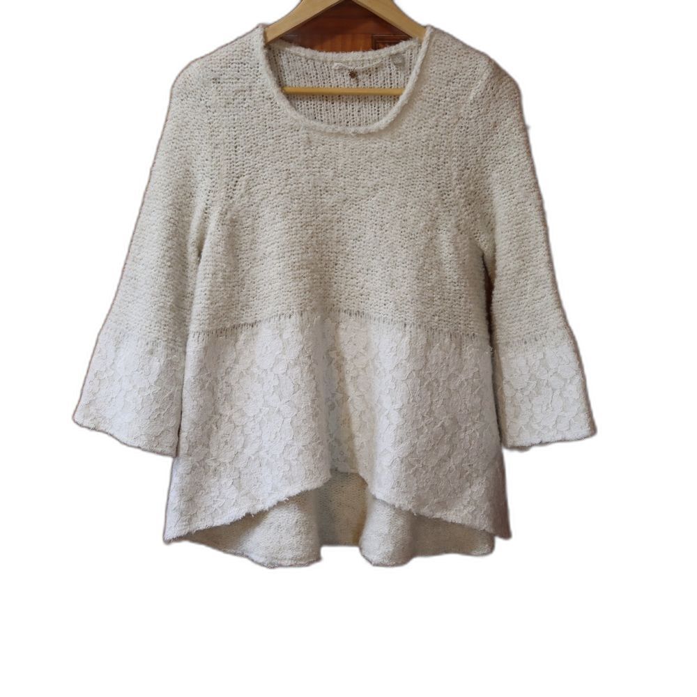 Anthropologie Knitted & Knotted White & Cream Pullover Knit & Lace Sweater LG